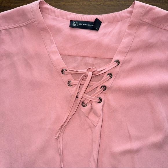 New York & Co Womens Pink 3/4 Sleeve Laced V-neck Bubble Hem Blouse Shirt XL - Picture 5 of 8